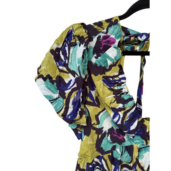 Anthropologie Puff Sleeve Tiered Midi Dress Green Blue Floral Statement Size L - Picture 5 of 10